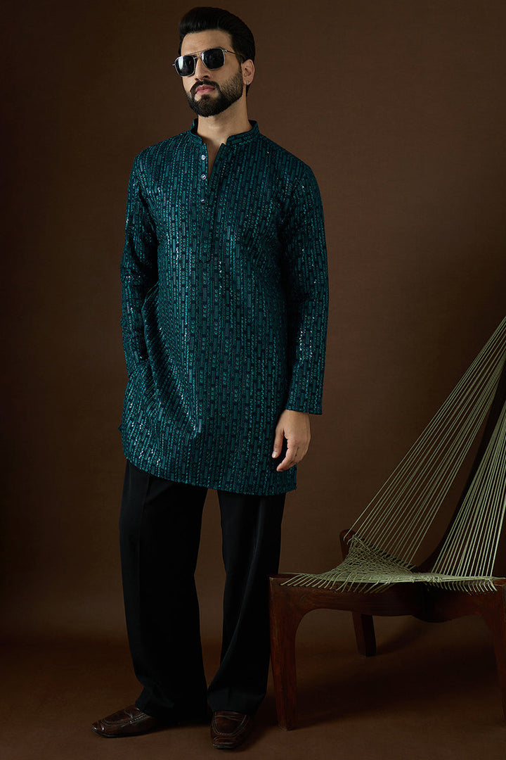 Teal Georgette Solid Embroidered Straight Kurta Sets | SHOBITAM