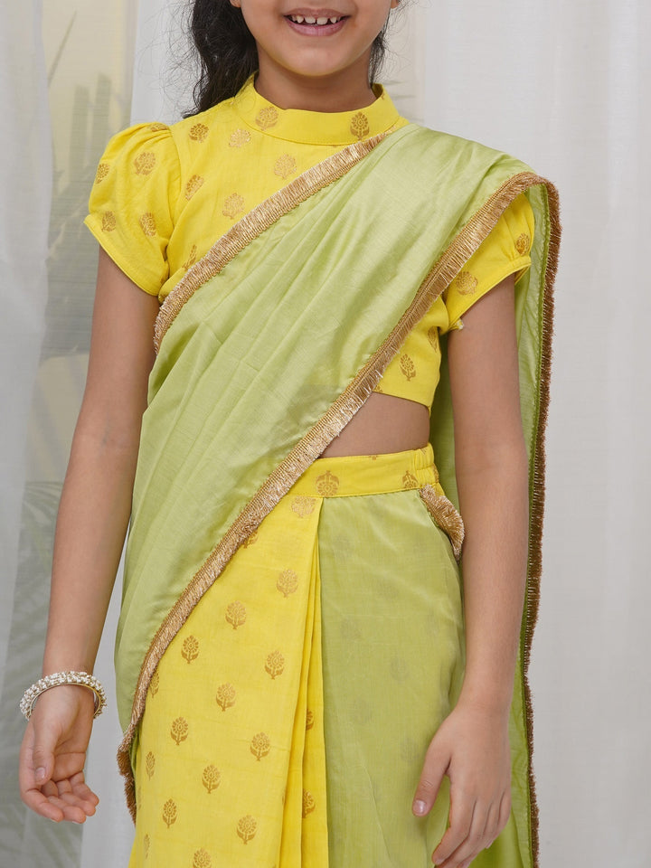 Girls Cotton Puff Sleeves Floral Embroidery Ready to wear Blouse with Ready to wear Chanderi Saree - Yellow & Green | SHOBITAM