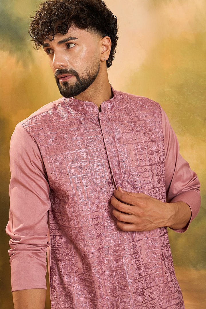 Mauve Silk Blend Solid Embroidered Straight Kurta | SHOBITAM