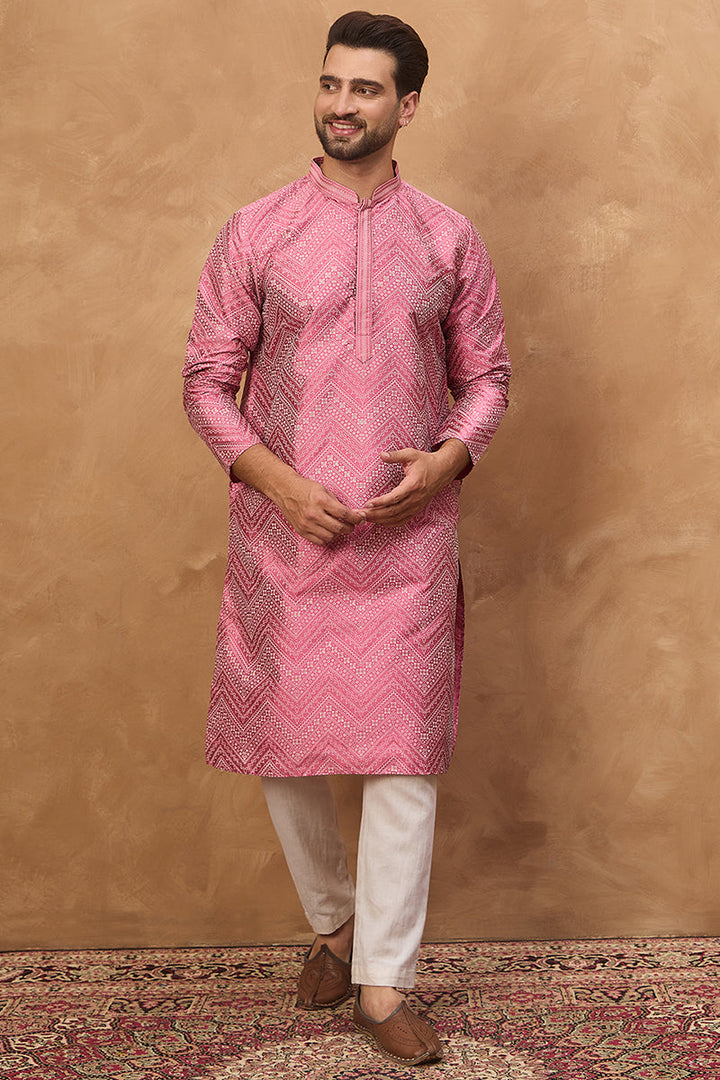 Pink Silk Blend Geometric Printed Straight Kurta | SHOBITAM