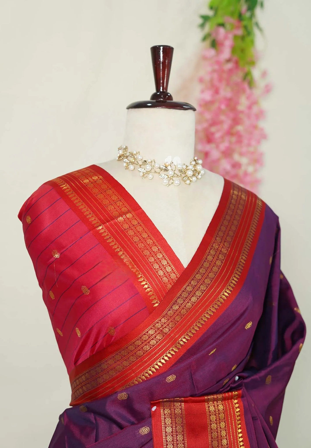 Jamuni Purple Semi Silk Gaadwal Saree with Rettapet Rudraksham Border  | SHOBITAM