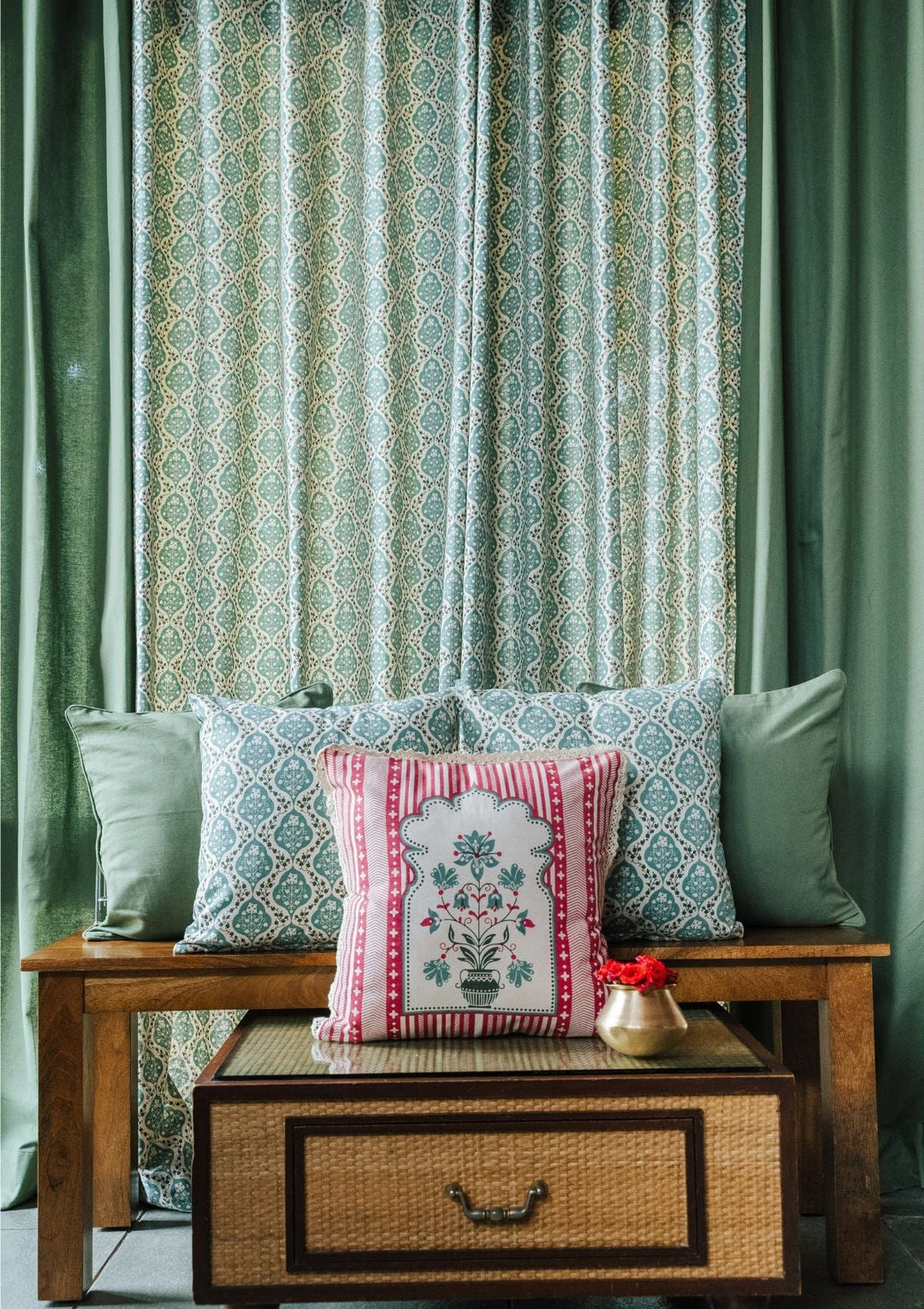 Mulbagal Geometric - Floral printed 100% Cotton Curtain for Living Room and Bedroom - Room Darkening - Sage Green - Single Piece | SHOBITAM