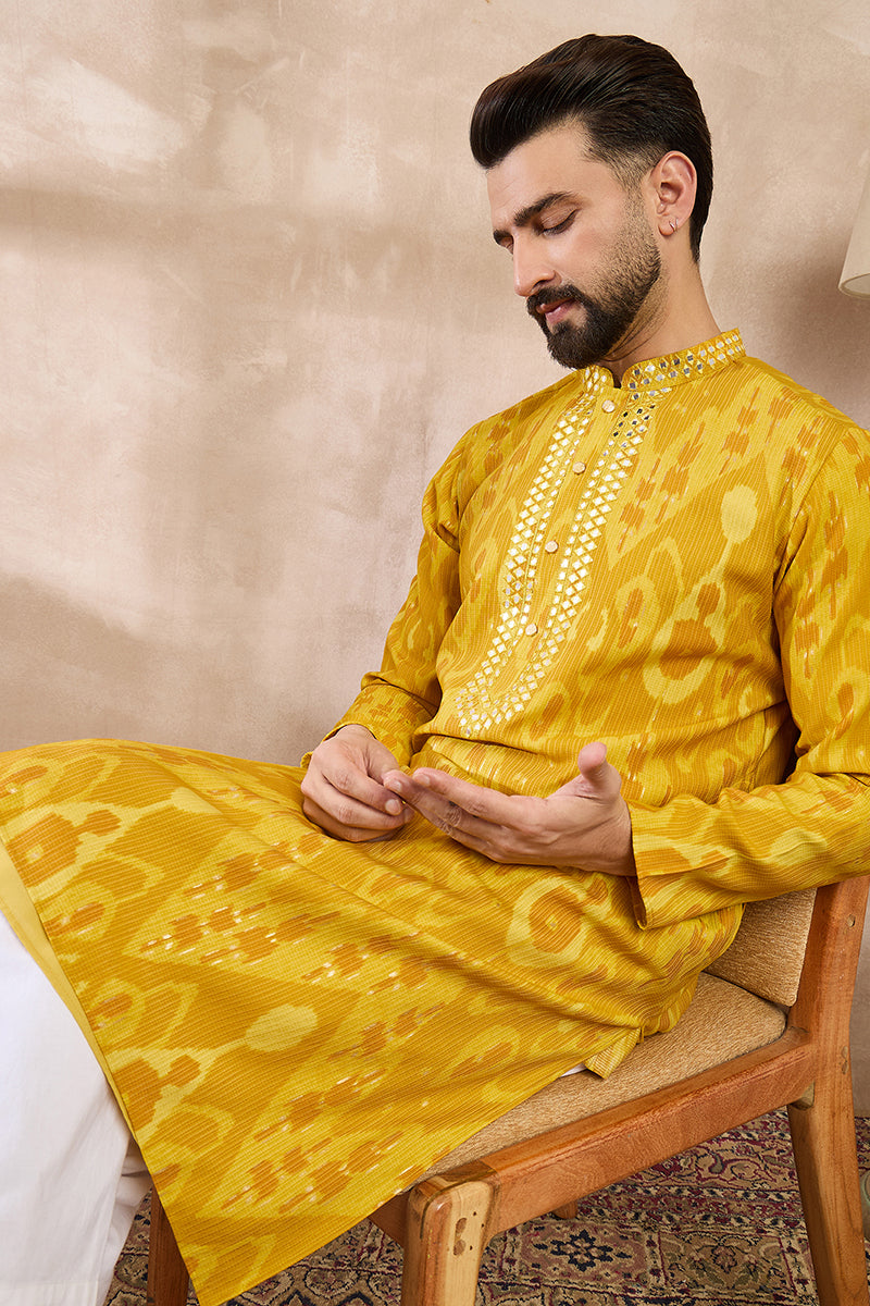 Yellow Viscose Rayon Chevron Printed Straight Kurta For Men | SHOBITAM
