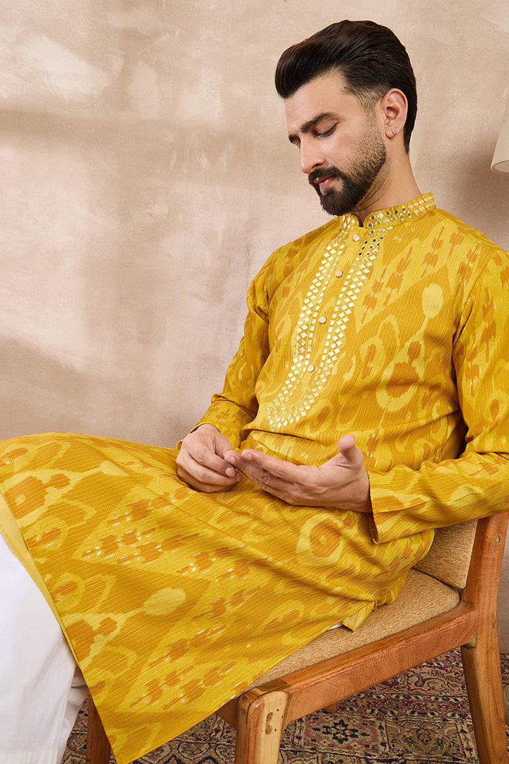 Yellow Viscose Rayon Chevron Printed Straight Kurta For Men | SHOBITAM