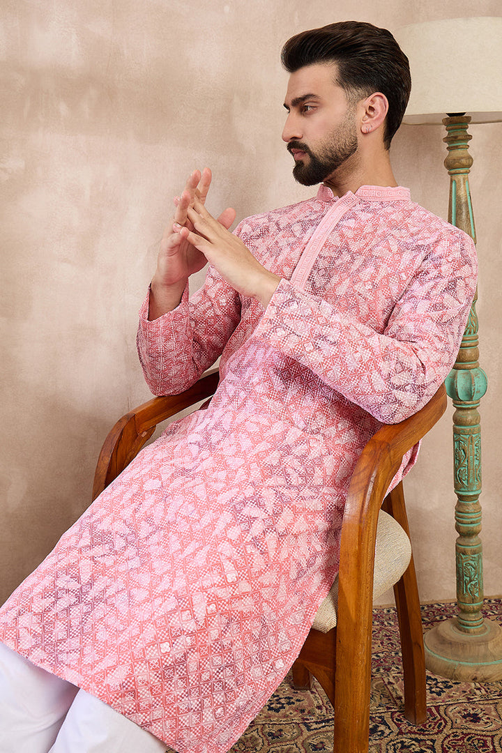 Pink Viscose Rayon Ethnic Motifs Embroidered Straight Kurta With Trouser | SHOBITAM