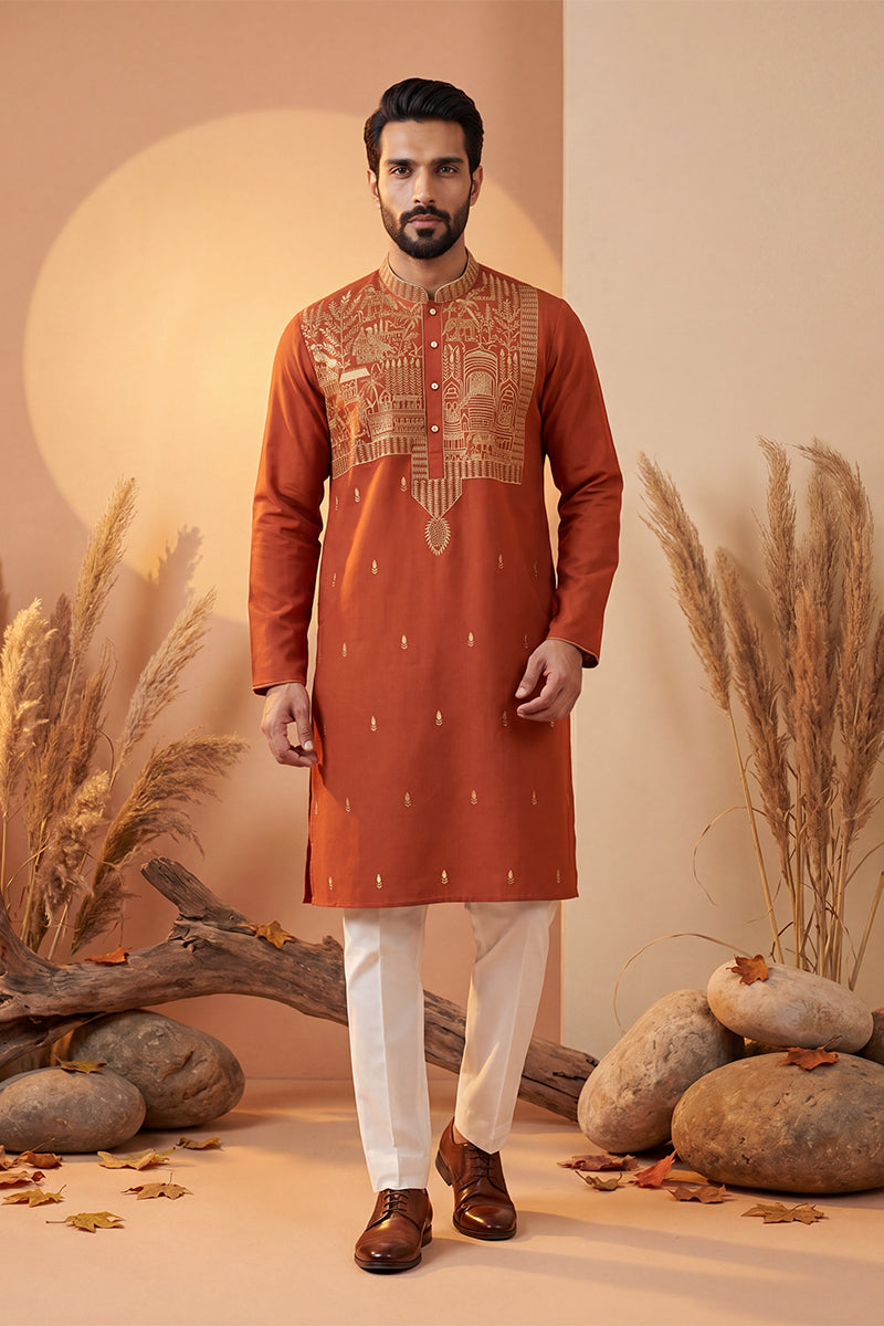 Mens Orange Silk Blend Solid Emboidered Straight Kurta With Trouser | SHOBITAM