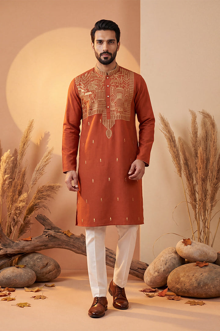 Mens Orange Silk Blend Solid Emboidered Straight Kurta With Trouser | SHOBITAM