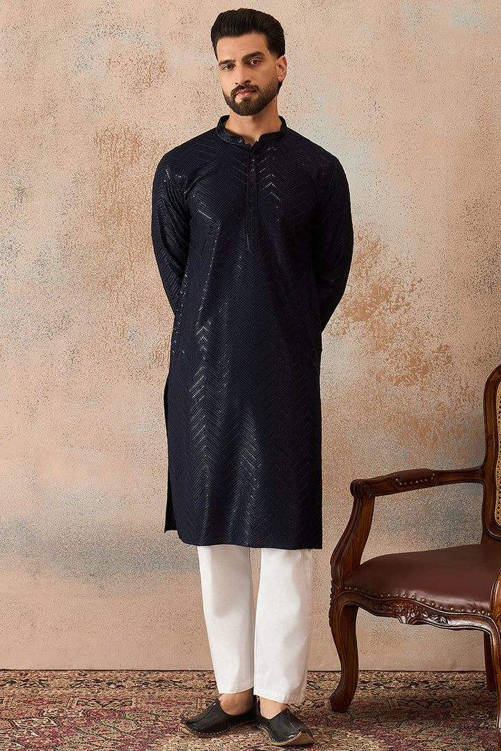 Blue Rayon Embroidered Straight Kurta | SHOBITAM