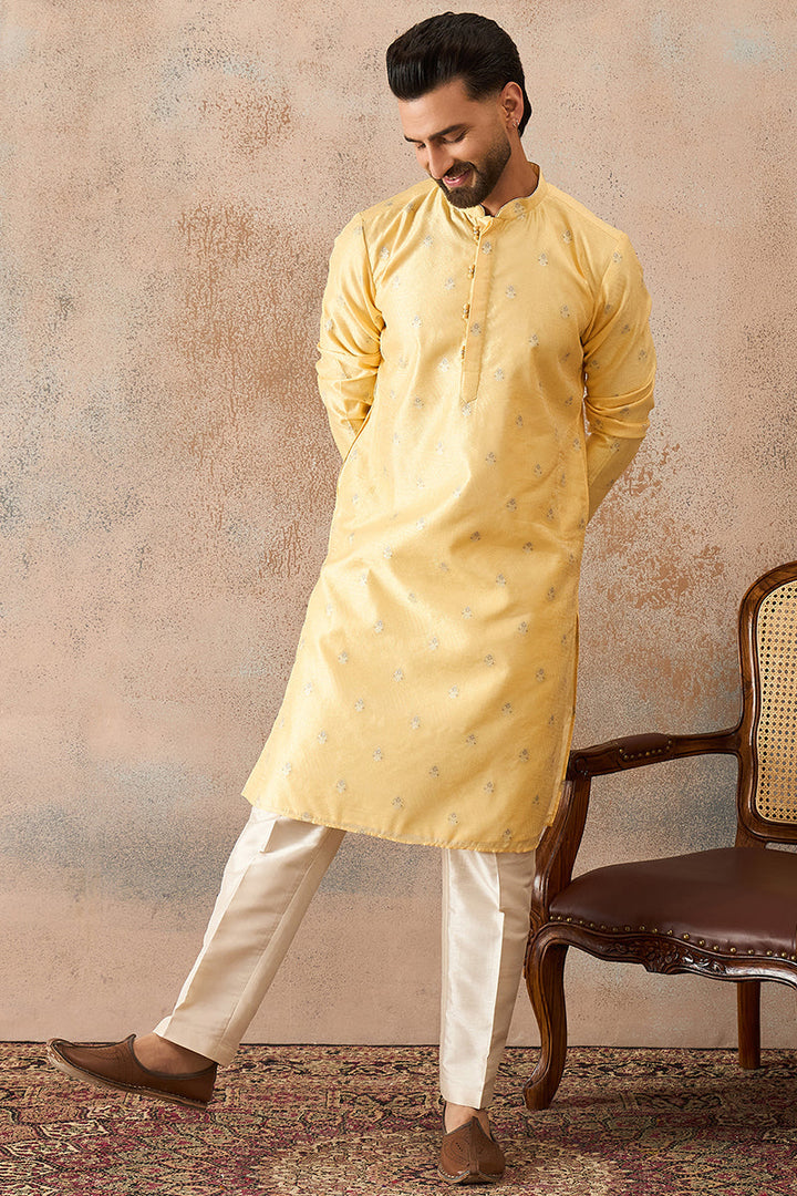 Mens Yellow Silk Blend Floral Straight Kurta With Trouser | SHOBITAM
