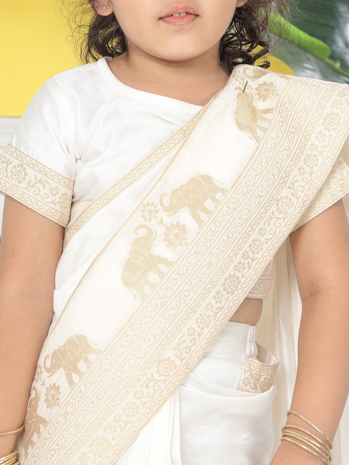 Cream Elephant Zari Embroidery Ready to Wear Saree with Stitched Blouse set | SHOBITAM