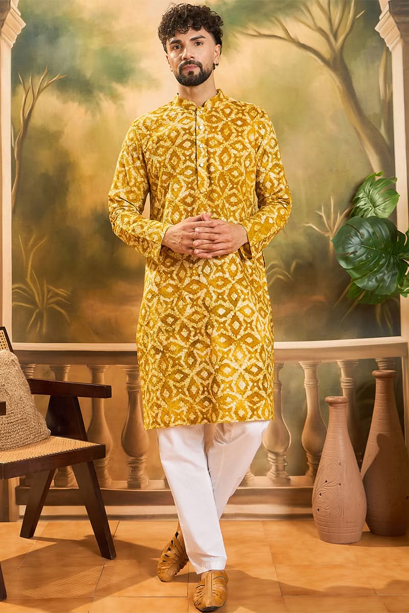 Yellow Pure Cotton Shibori Embroidered Straight Kurta with Trouser | SHOBITAM