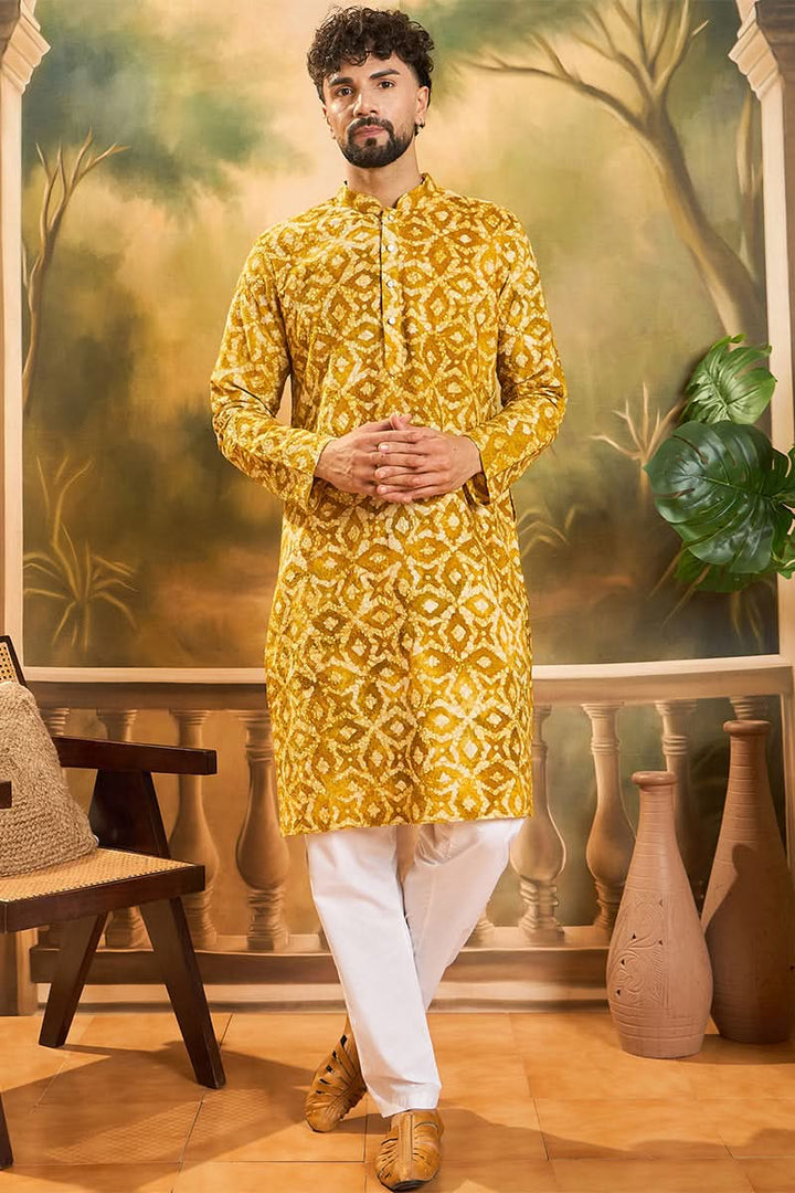 Yellow Pure Cotton Shibori Embroidered Straight Kurta with Trouser | SHOBITAM