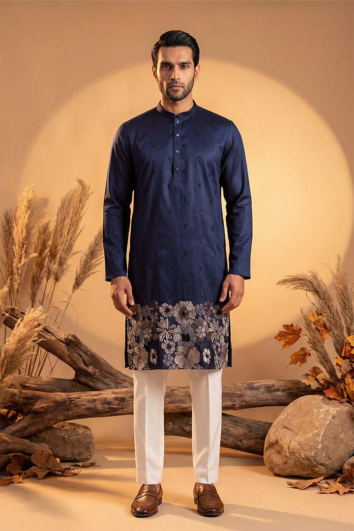 Mens Blue Silk Blend Solid Embroidered Kurta With Trousers | SHOBITAM