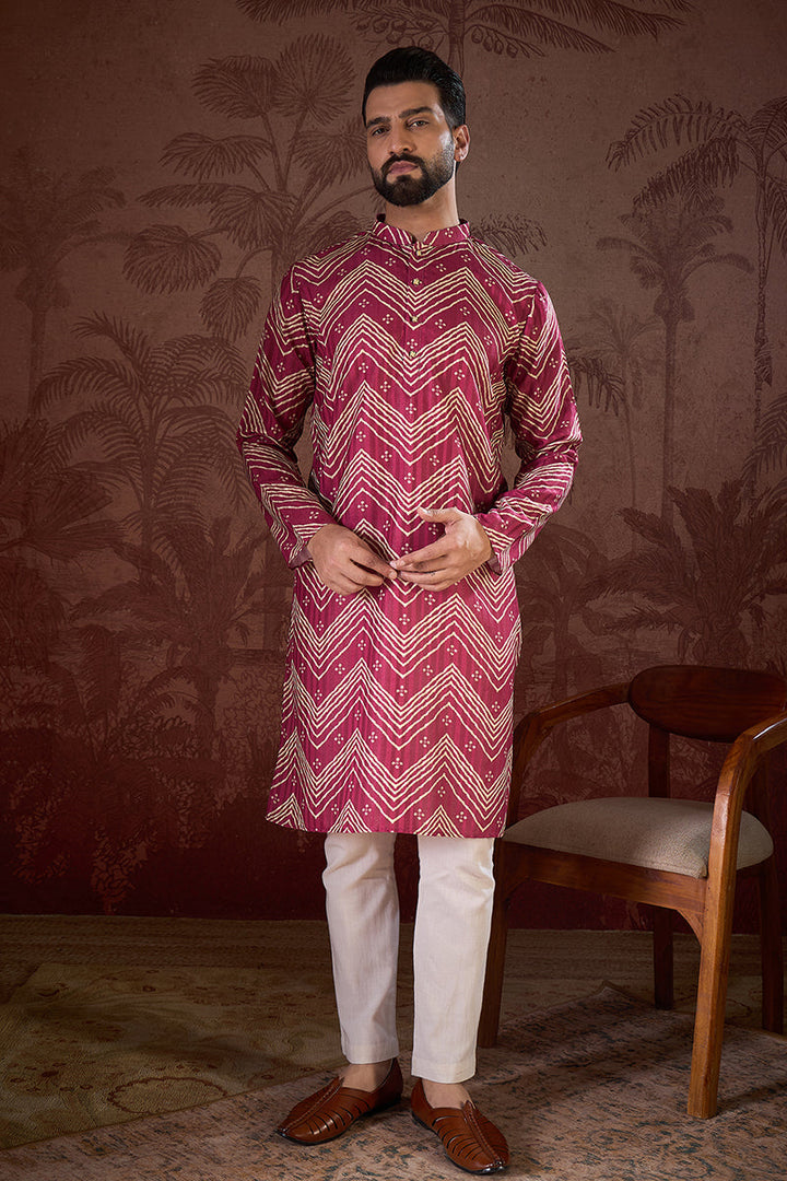Magenta Silk Blend Chevron Printed Straight Kurta With Trouser | SHOBITAM