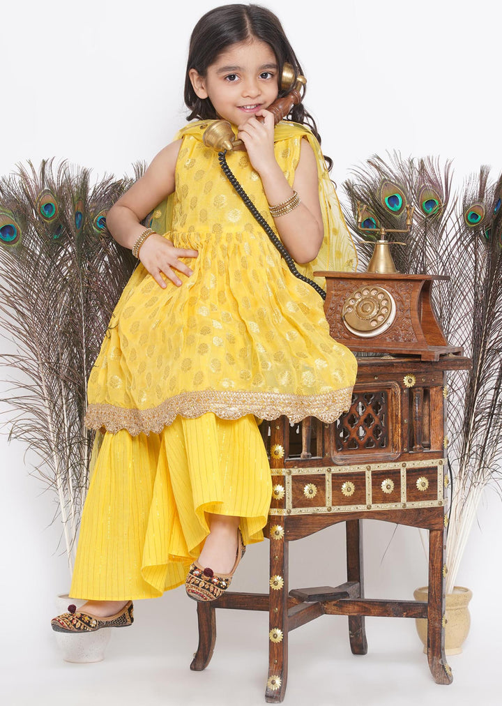 Banarsi Floral Frock Style Kurta with Gold Strip Sharara & Dupatta -Haldi Yellow | SHOBITAM