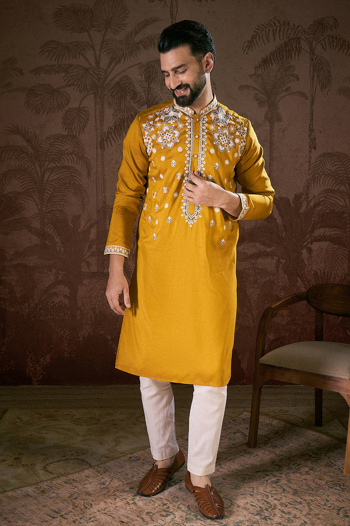 Mustard Silk Blend Solid Embroidered Straight Kurta | SHOBITAM