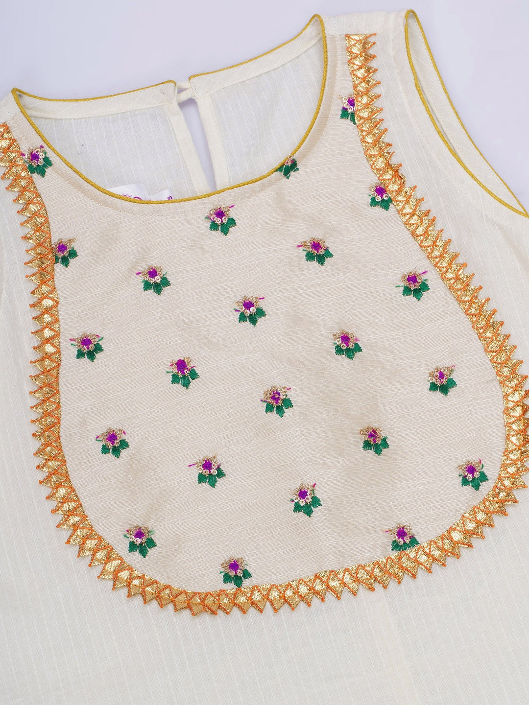 Girls Cotton Sleeveless Kurta with Dhoti Salwar and Dupatta with Floral Embroidery - Cream | SHOBITAM