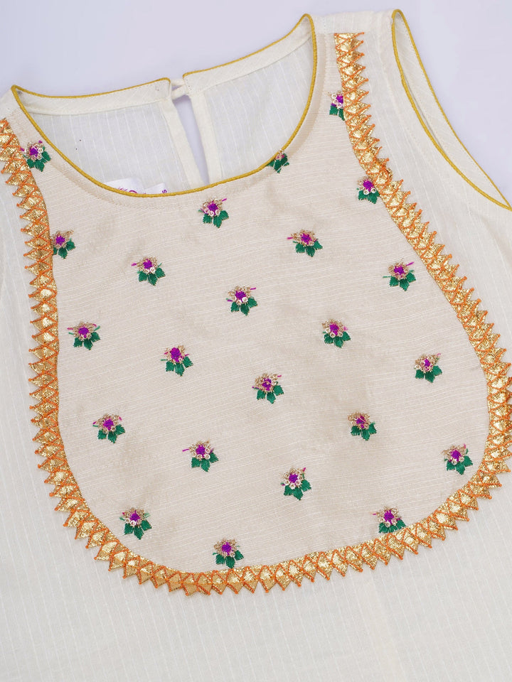 Girls Cotton Sleeveless Kurta with Dhoti Salwar and Dupatta with Floral Embroidery - Cream | SHOBITAM