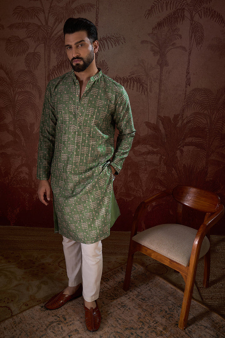 Green Silk Blend Ethnic Motifs Printed Straight Kurta With Trouser | SHOBITAM