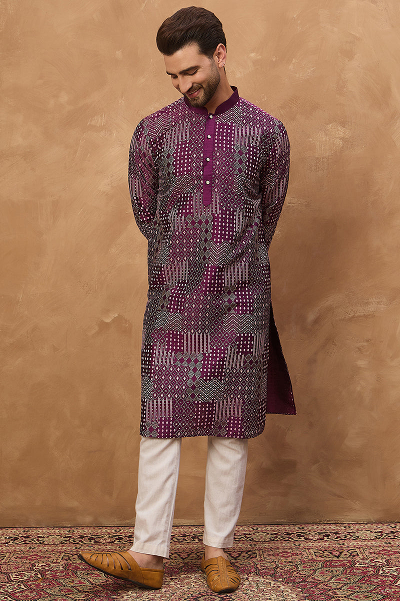 Purple Silk Blend Geometric Printed Straight Kurta  | SHOBITAM