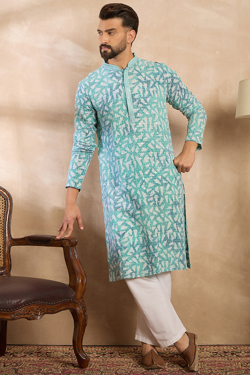 Teal Viscose Rayon Solid Printed Straight Kurta With Trouser| SHOBITAM