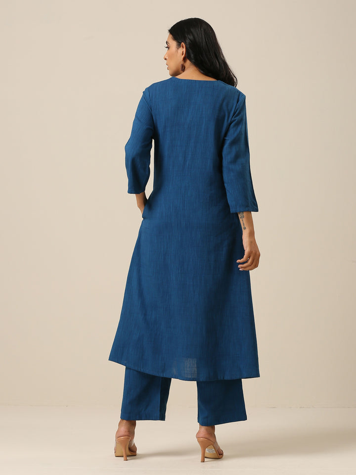 Classic Blue Slub Texture Overlap Pleat Kurta Pant Set  | SHOBITAM