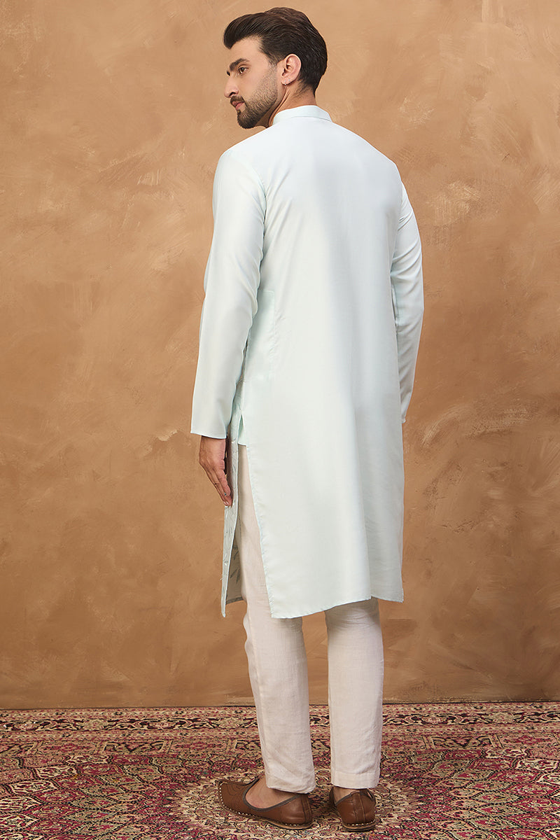 Blue Silk Blend Solid Embroidered Straight Kurta | SHOBITAM
