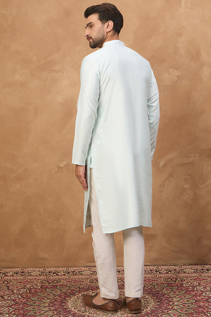 Blue Silk Blend Solid Embroidered Straight Kurta | SHOBITAM