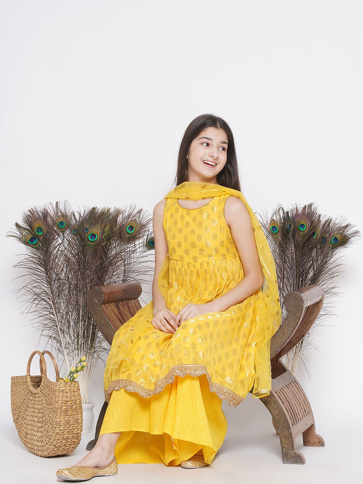 Banarsi Floral Frock Style Kurta with Gold Strip Sharara & Dupatta -Haldi Yellow | SHOBITAM