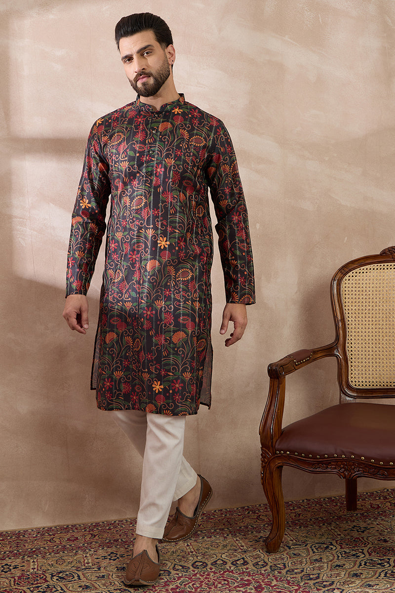 Black Silk Blend Embroidered Mandarin Collar Straight Kurta | SHOBITAM