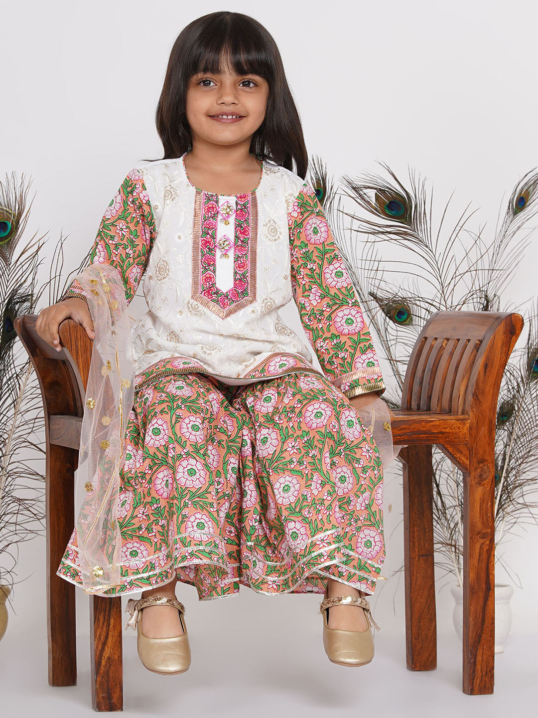 Girls Floral Embroidery Kurta with Floral Sharara & Dupatta- Orange Pink & White | SHOBITAM