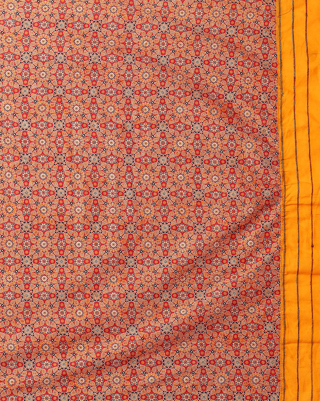 Yellow Red Ajrak Print Khesh Cotton Saree with Blouse piece | SHOBITAM