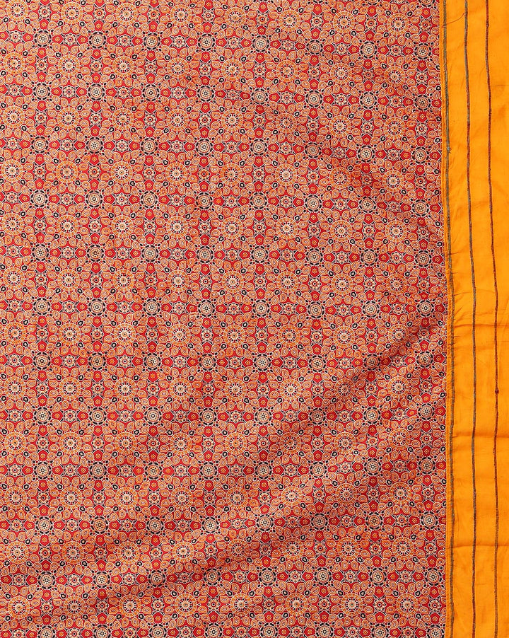 Yellow Red Ajrak Print Khesh Cotton Saree with Blouse piece | SHOBITAM