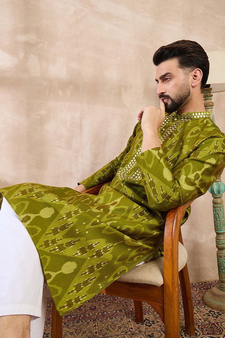 Green Viscose Rayon Chevron Printed Straight Kurta For Men | SHOBITAM