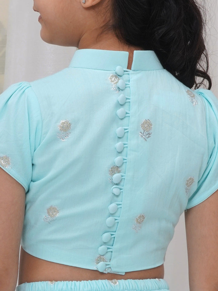 Girls Cotton Puff Sleeves Rose Embroidery Ready to wear Blouse with Ready to wear Chanderi Saree - Sky Blue | SHOBITAM