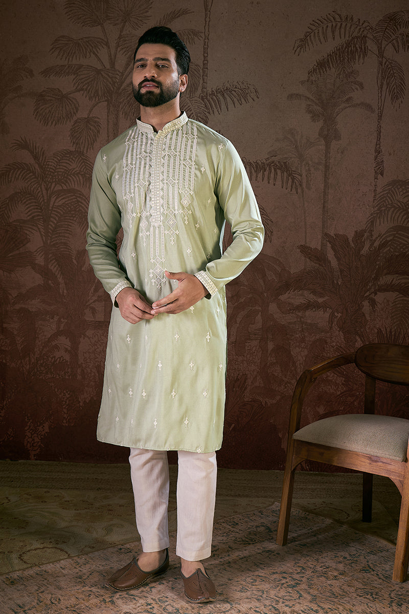 Green Silk Blend Solid Embroidered Straight Kurta | SHOBITAM