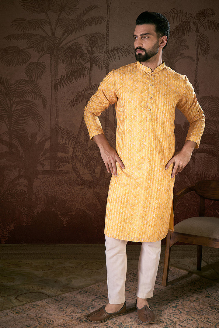 Yellow Silk Blend Ethnic Motifs Printed Straight Kurta With Trouser | SHOBITAM