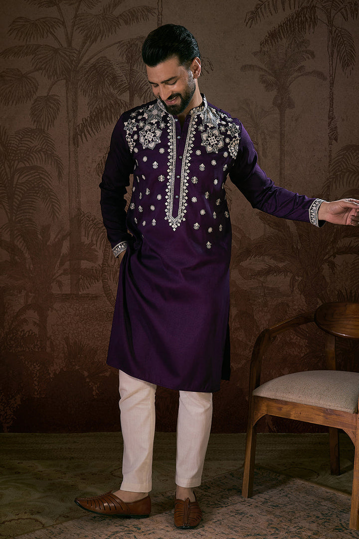 Purple Silk Blend Solid Embroidered Straight Kurta | SHOBITAM