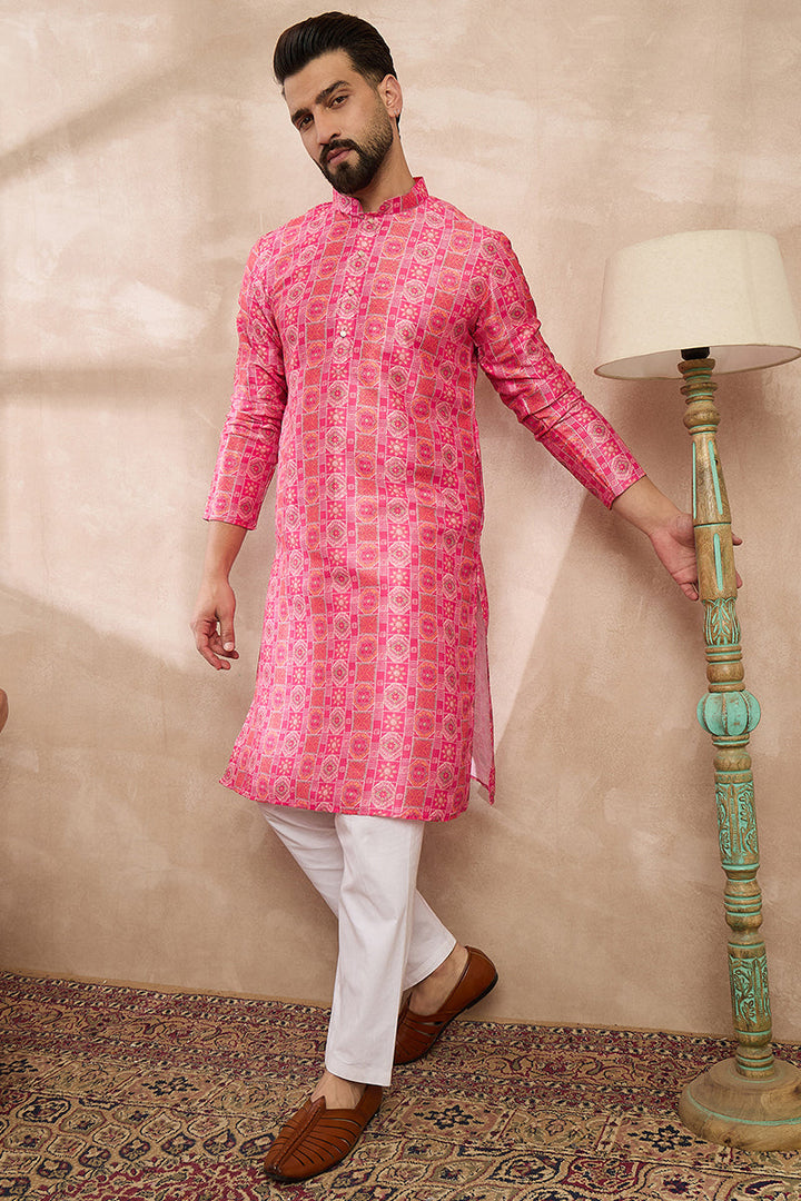 Pink Silk Blend Ethnic Motifs Printed Straight Kurta With Trouser | SHOBITAM