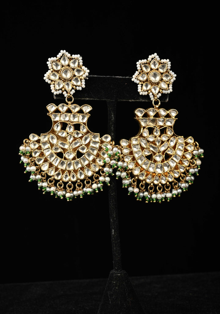 92.5 Pure Silver, Gold-Plated Polki Chandbali Earrings with Pearls and Green Beads