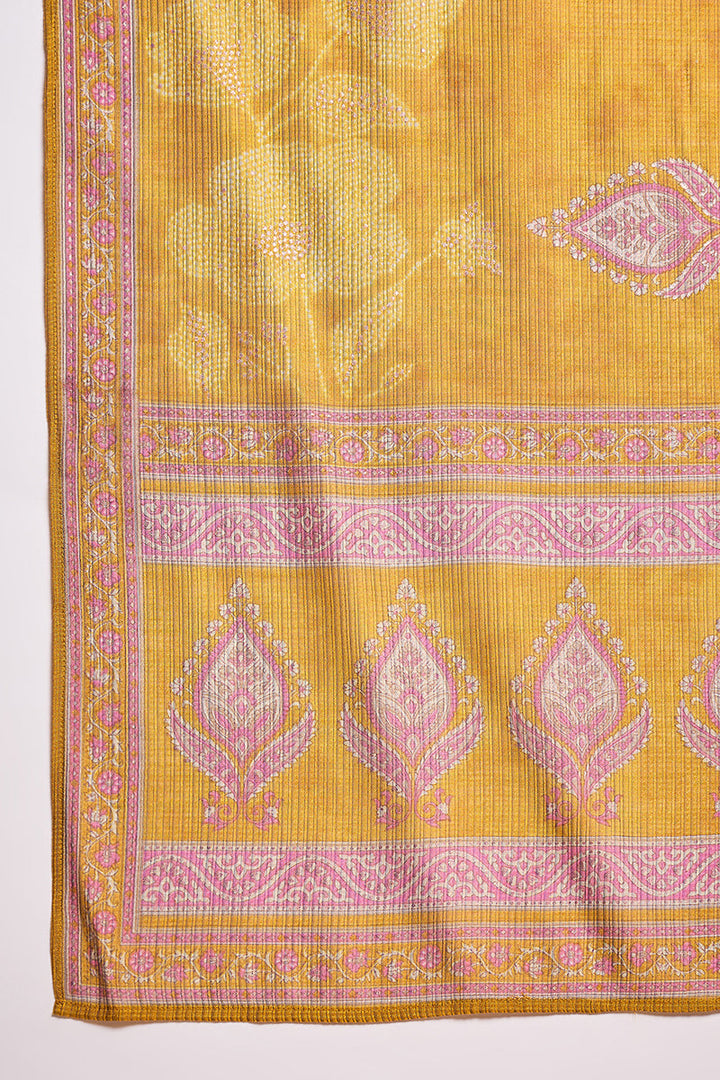 Mustard Silk Blend Floral Printed Straight Kurta Trouser With Dupatta | SHOBITAM
