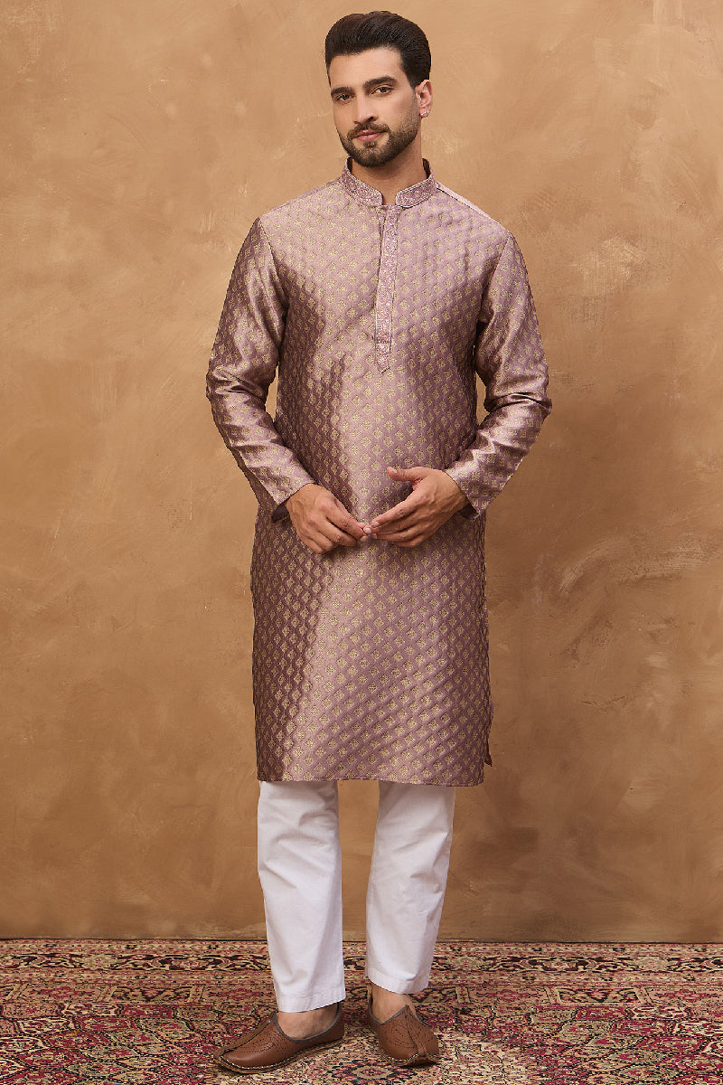 Mauve Silk Blend Solid Woven Design Straight Kurta | SHOBITAM