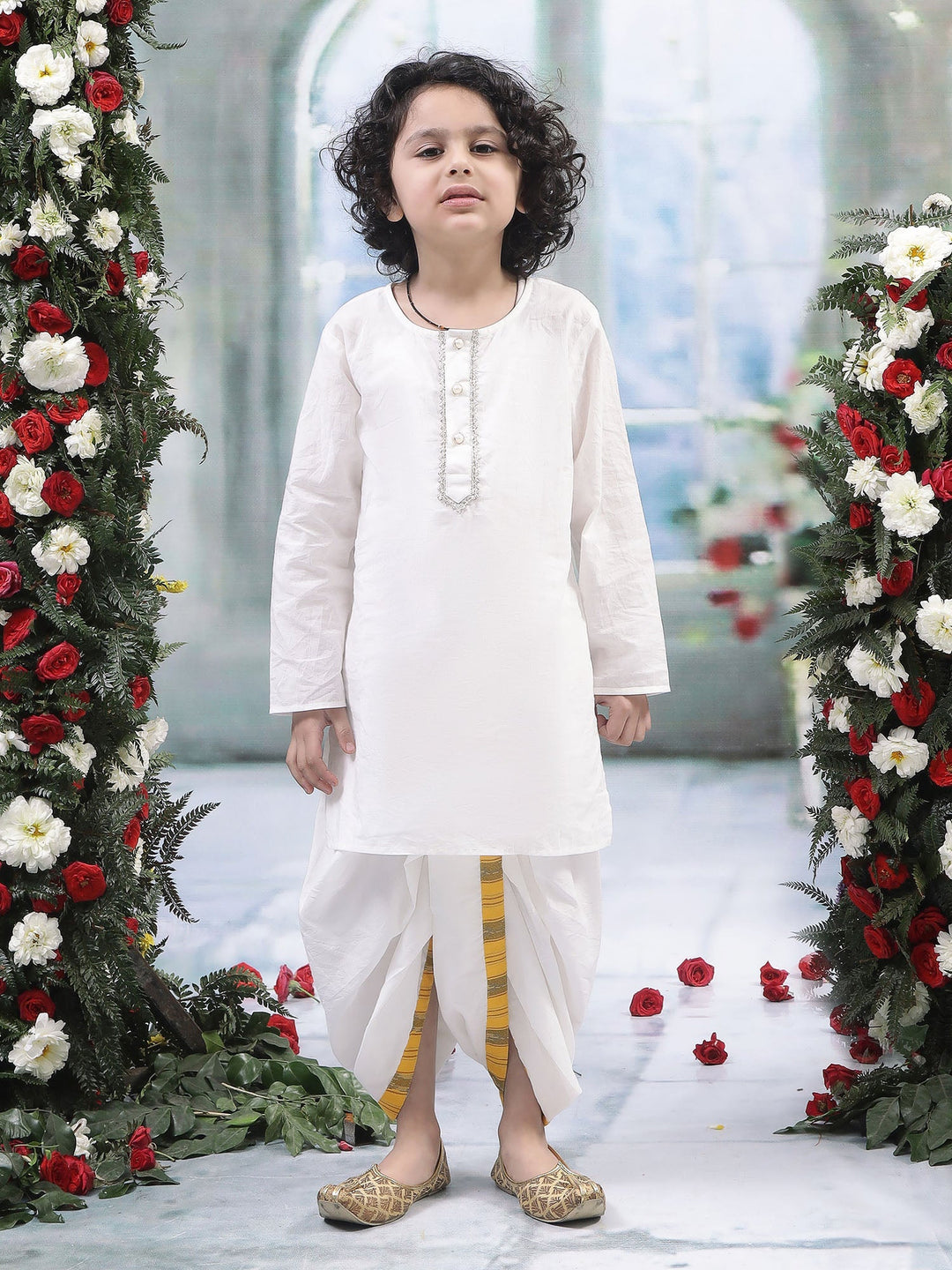 Yellow Ikat Nehru Jacket with Cotton Kurta Dhoti Set | SHOBITAM