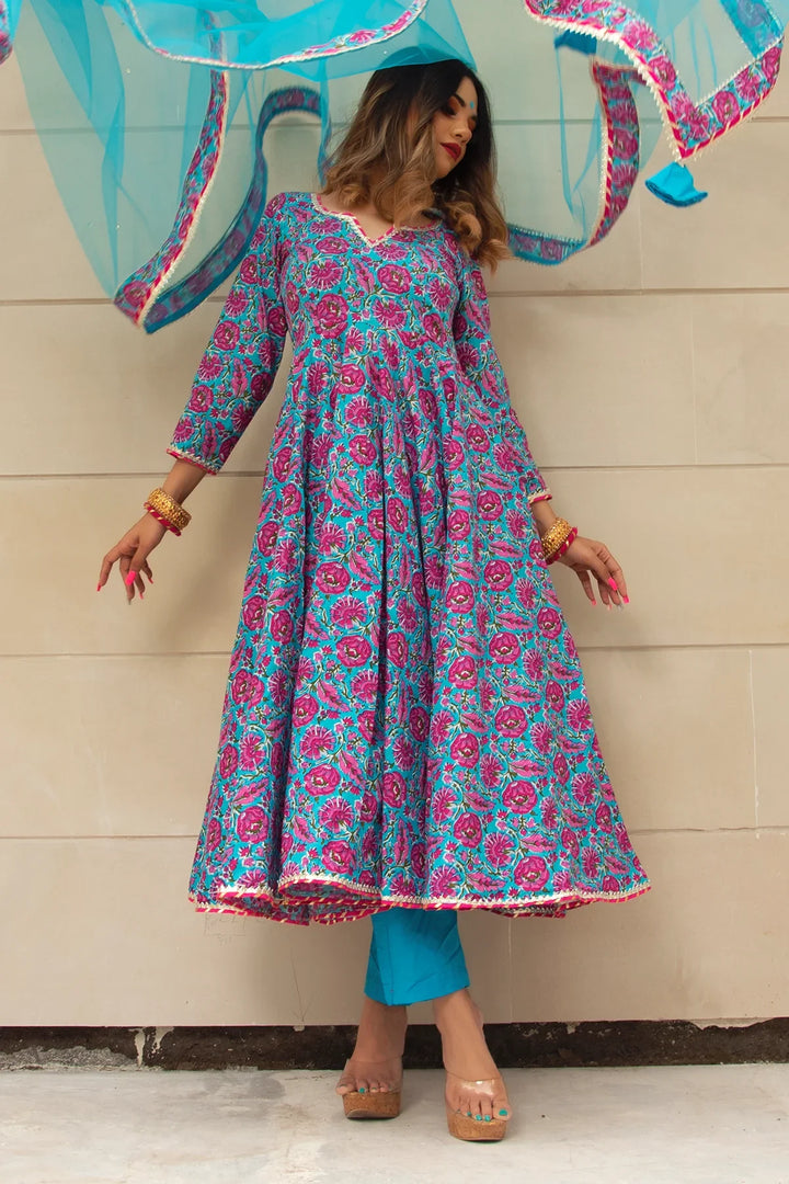 CHITRA HAND BLOCK COTTON ANARKALI SET | SHOBITAM