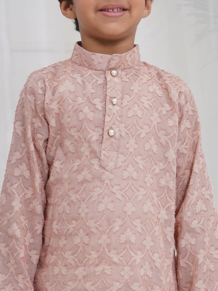 Boys Cotton Full Sleeves Self Weaving Kurta with Dhoti and Pearl Buttons - Mocha Brown | SHOBITAM