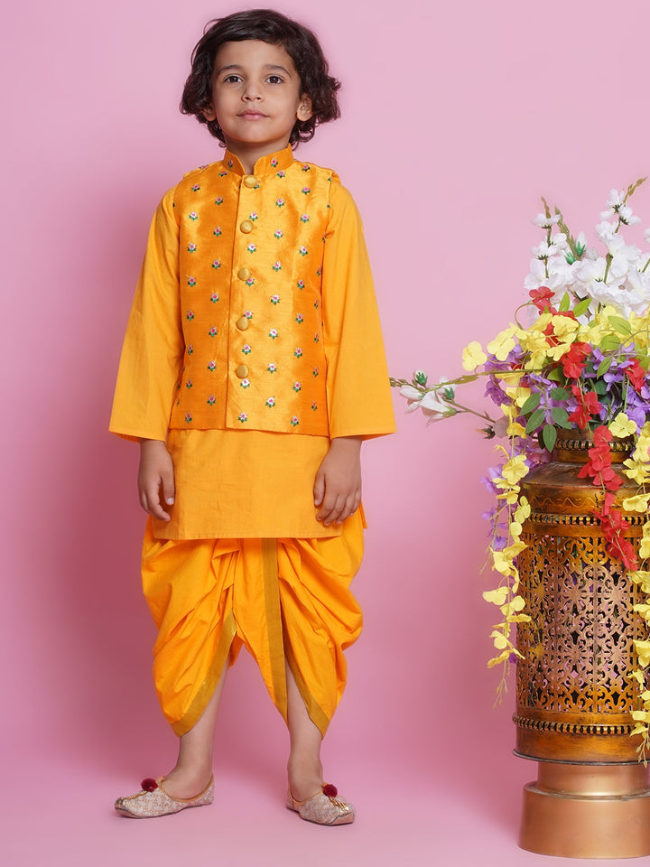 Choti Buti Floral Bundi Jacket with Dhoti Kurta - Yellow | SHOBITAM