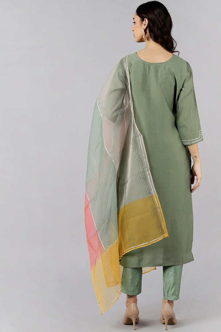Olive Green Poly Silk Embroidered Straight Suit Set  | SHOBITAM