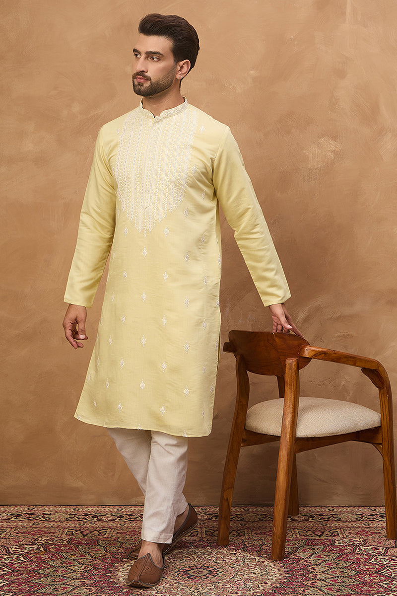 Yellow Silk Blend Solid Embroidered Straight Kurta | SHOBITAM
