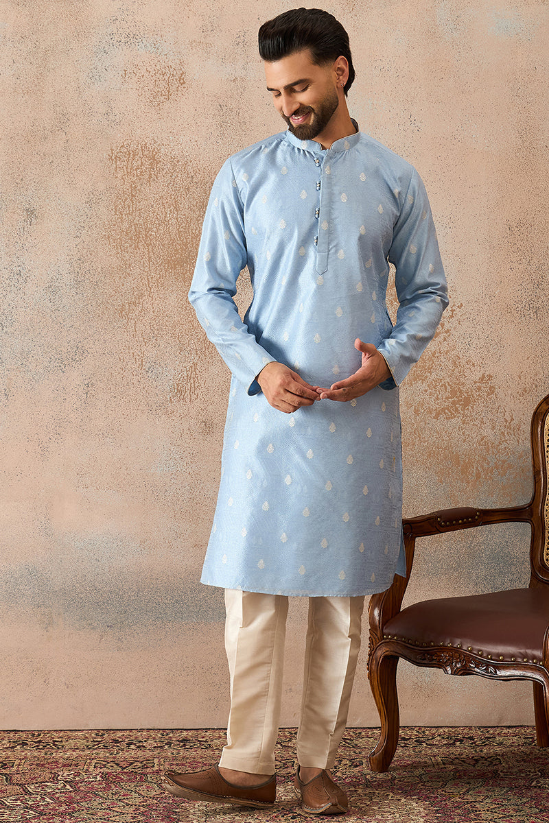 Mens Blue Silk Blend Floral Straight Kurta With Trouser | SHOBITAM