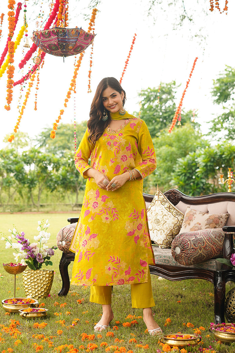 Yellow Viscose Rayon Floral Embroidered Straight Kurta Trousers With Dupatta | SHOBITAM